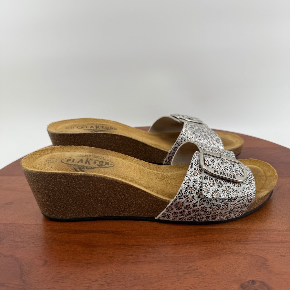 Plakton Wedge Sandals Silver Leopard Print Cork Slide Spain Women EU 41/US 10